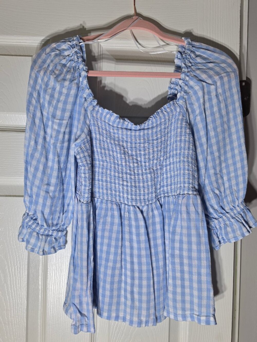 Crown & Ivy Blue Gingham Smocked Babydoll Top Small
